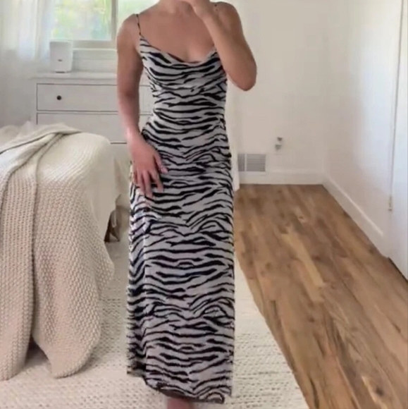 Zara Zebra Print Tulle Maxi Dress Medium Black Cowl Neck Mobwife Whimsigoth - Picture 1 of 9